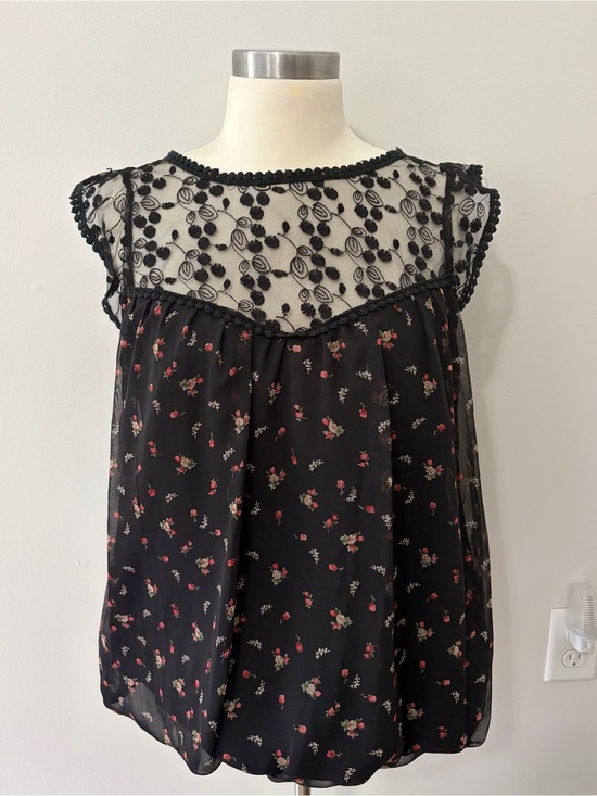 Rudrani Tops - Rudrani Black Floral Lace Yoke Sleeveless Balloon Blouse L Whimsigoth Romantic